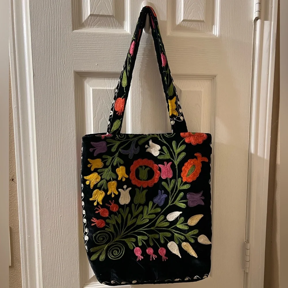 Vintage velvet Black Floral Embroidered Tote Bag - Colorful Flower Design